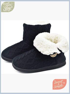 Women's Winter Slippers Boots Comfort Knit Pull-On Indoor Outdoor Shoes